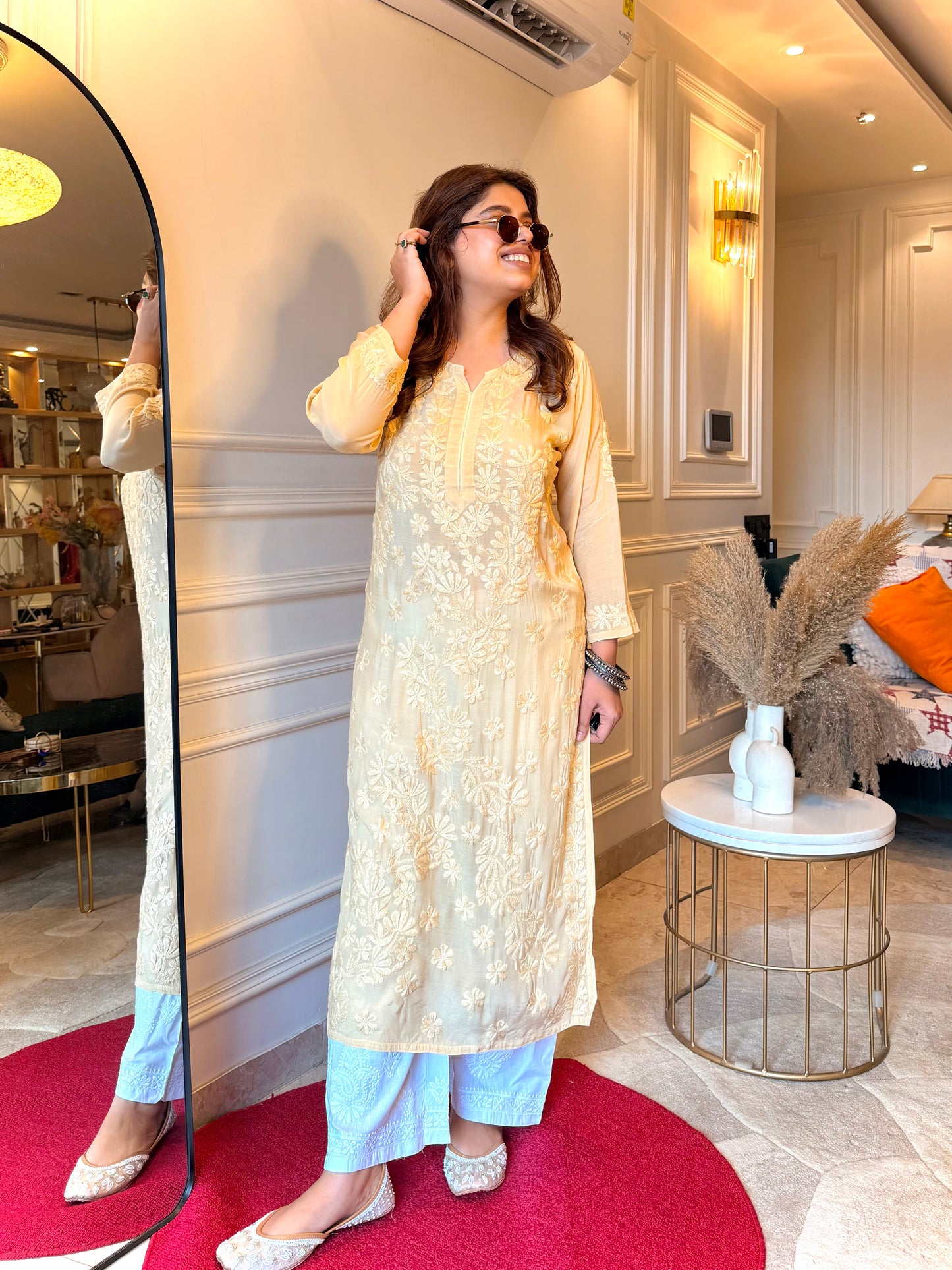 Hand embroidered Chikankari Kurta set | Mul Chanderi | Ivory colour