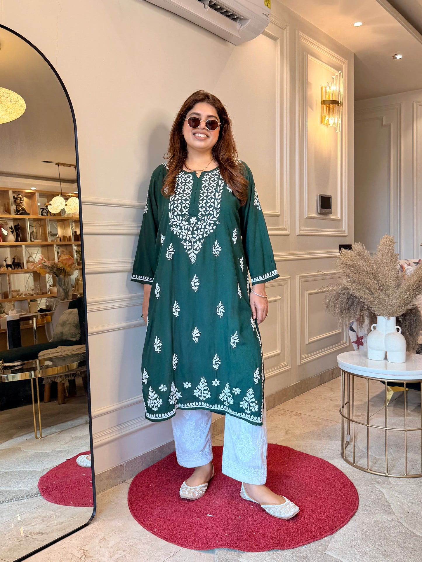 Hand Embroidered Chikankari Kurta | Modal | Emerald Green