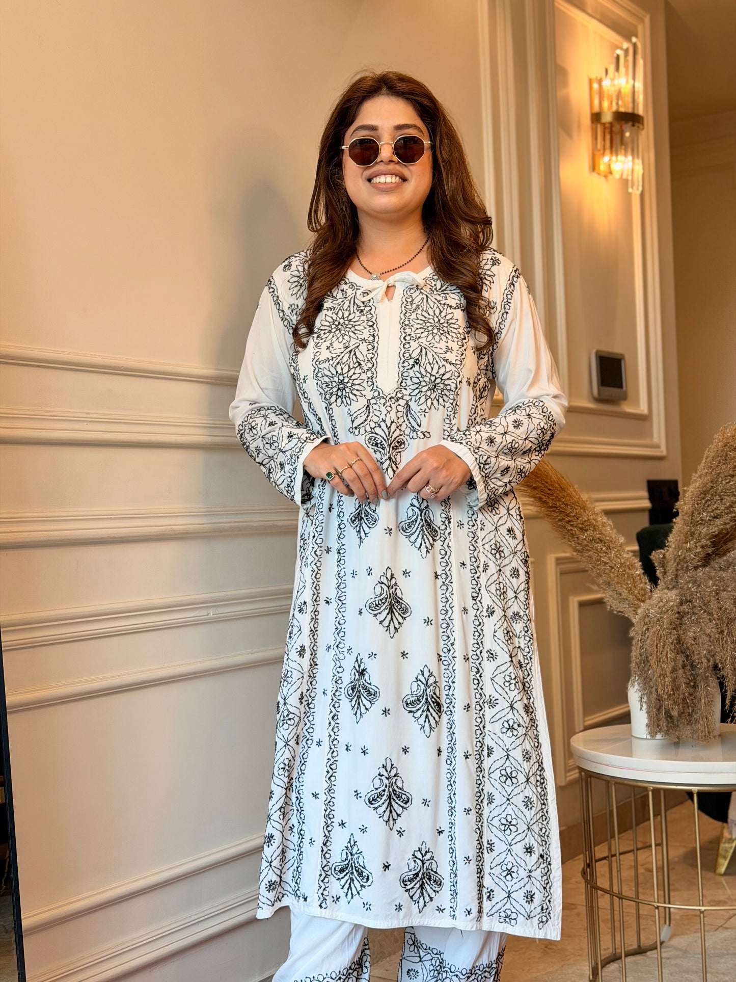 Hand embroidered Chikankari Kurta Set |Premium Soft Cotton | White with Black