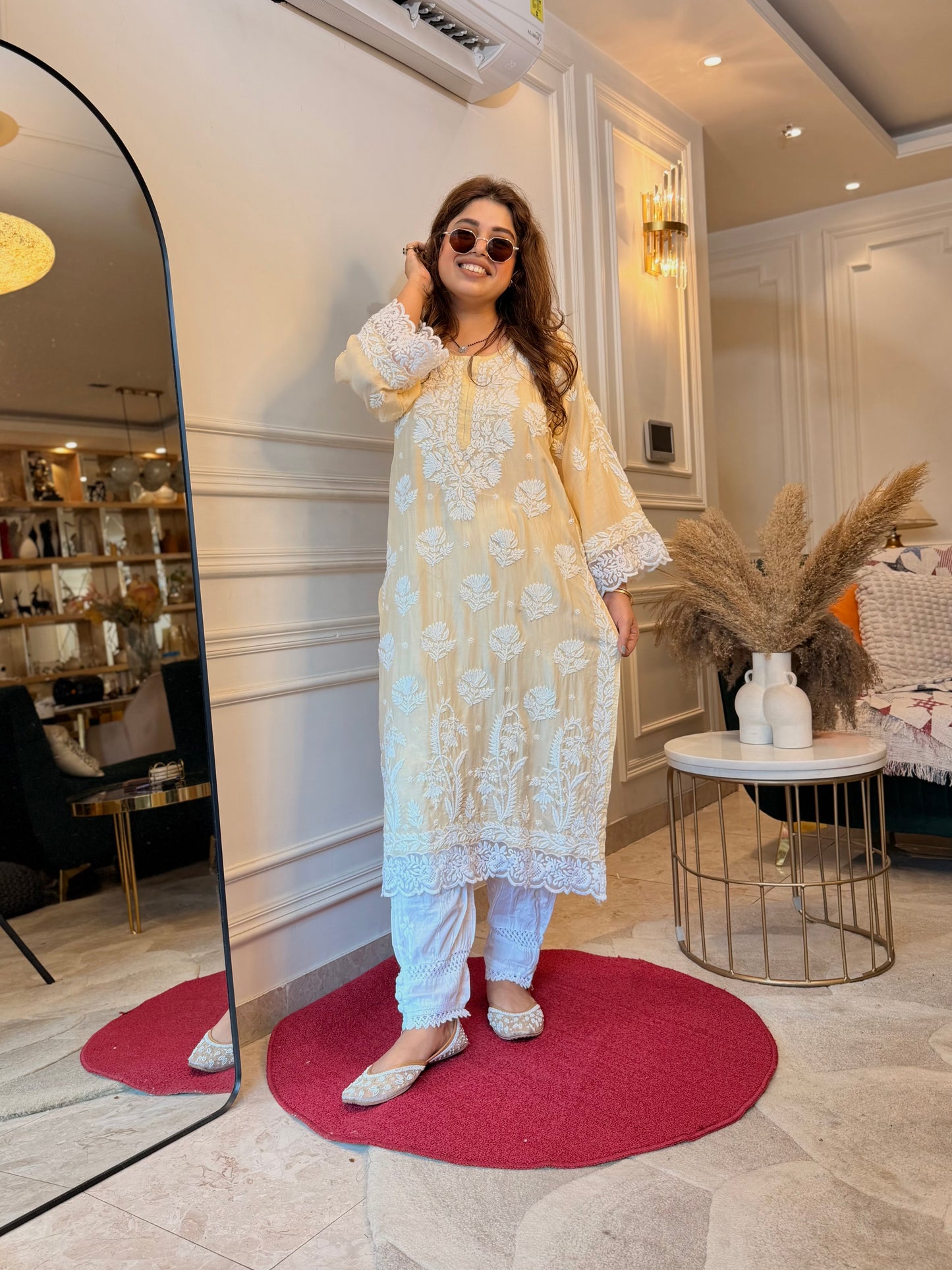 Hand embroidered 6D Chikankari Kurta | Mul Chanderi | Ivory