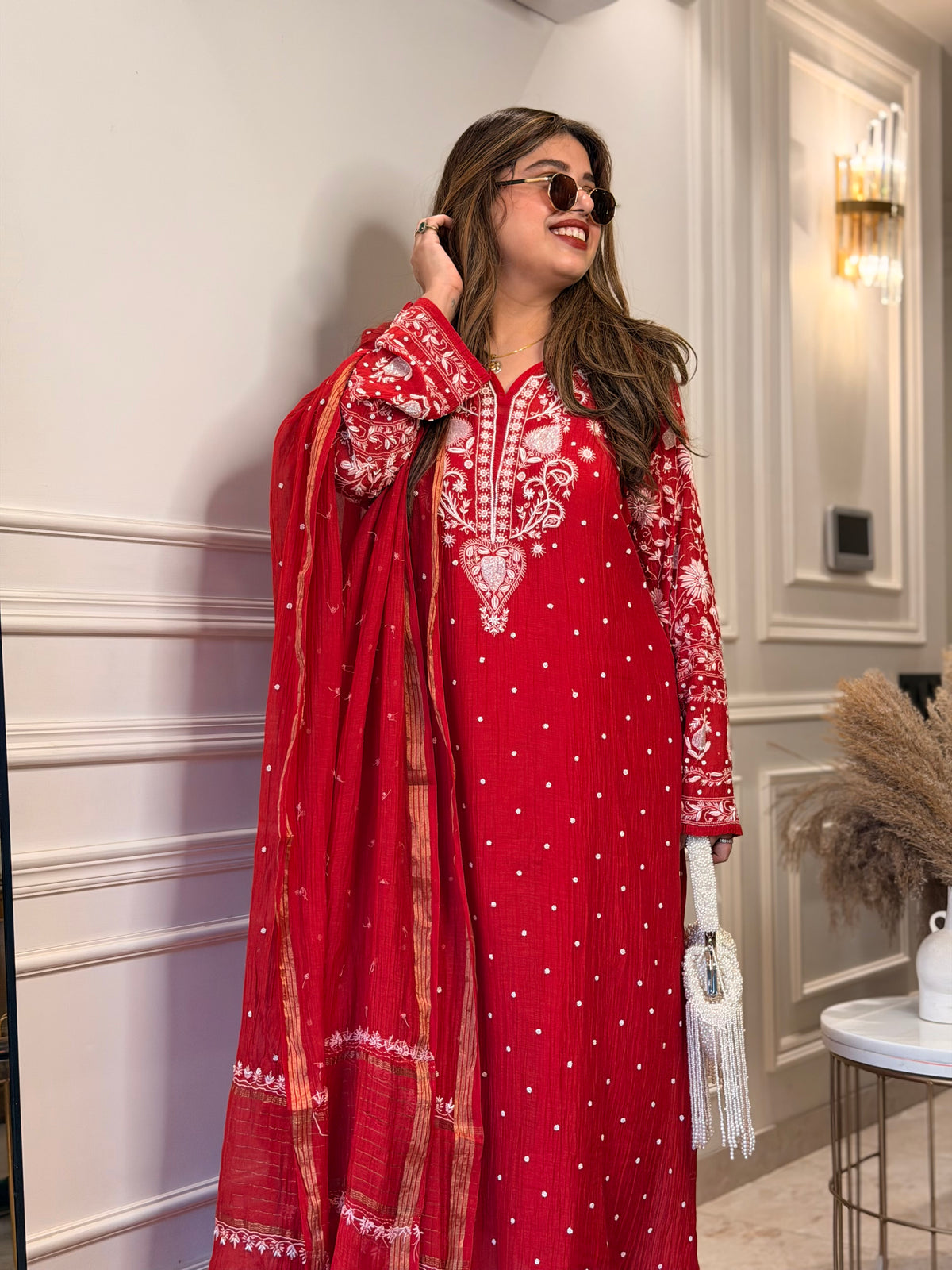 Premium Hand Embroidered Chikankari Kurta & Duppta | Mul Chanderi | Red