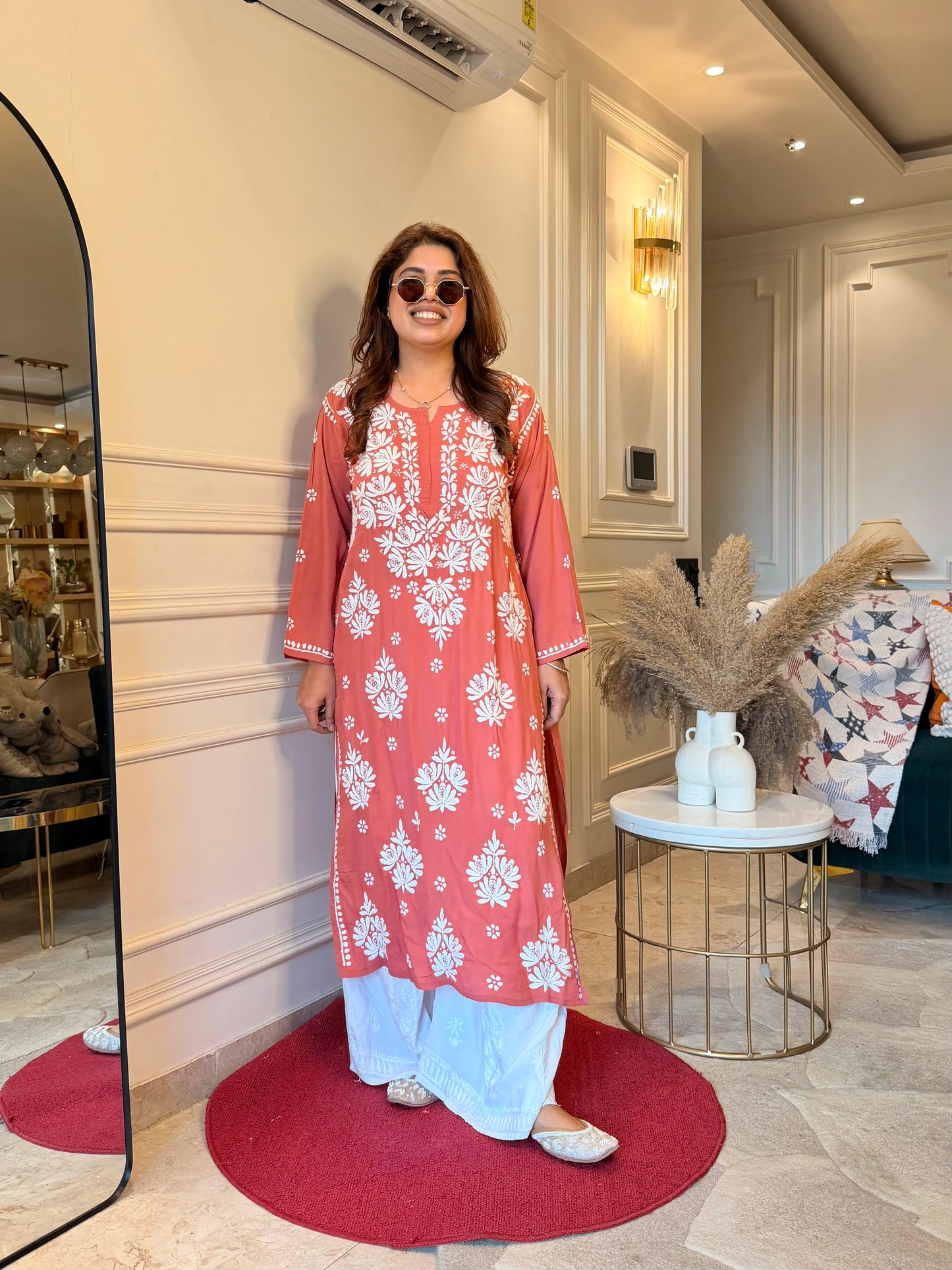 Hand Embroidered Chikankari Kurta | Modal | Coral Peach