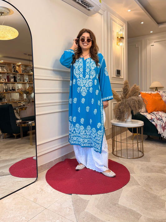 Hand Embroidered Chikankari Kurta | Premium Modal  | Turquoise Blue
