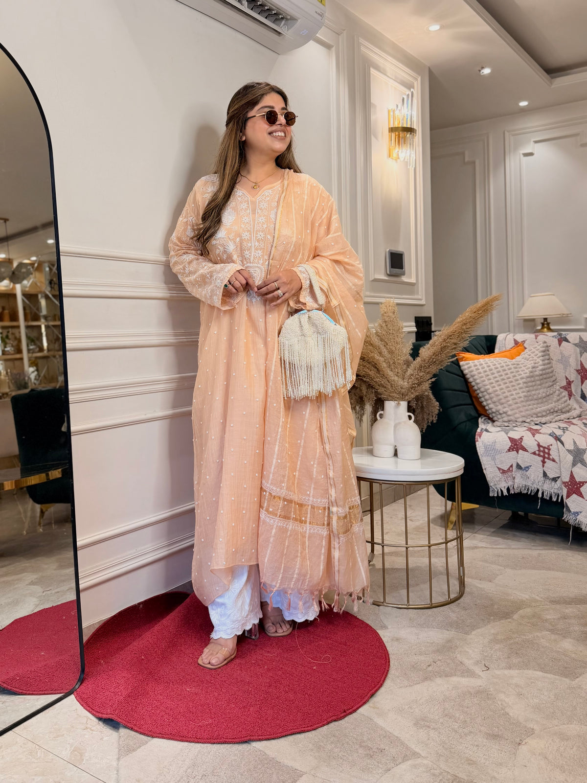 Premium Hand Embroidered Chikankari Kurta & Duppta | Mul Chanderi | Peach