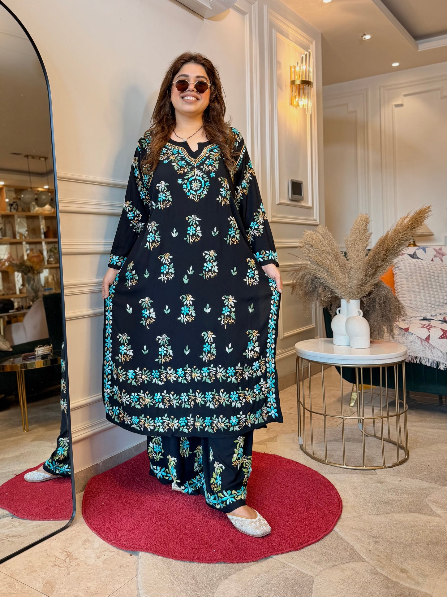 Hand Embroidered Chikankari Kurta set | Modal  | Black with Blue