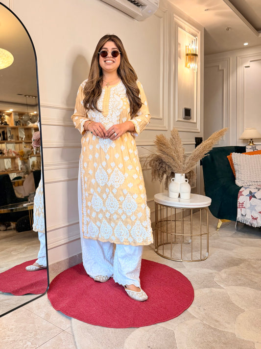 Hand Embroidered 3D Chikankari Kurta | Mul Chanderi | Beige