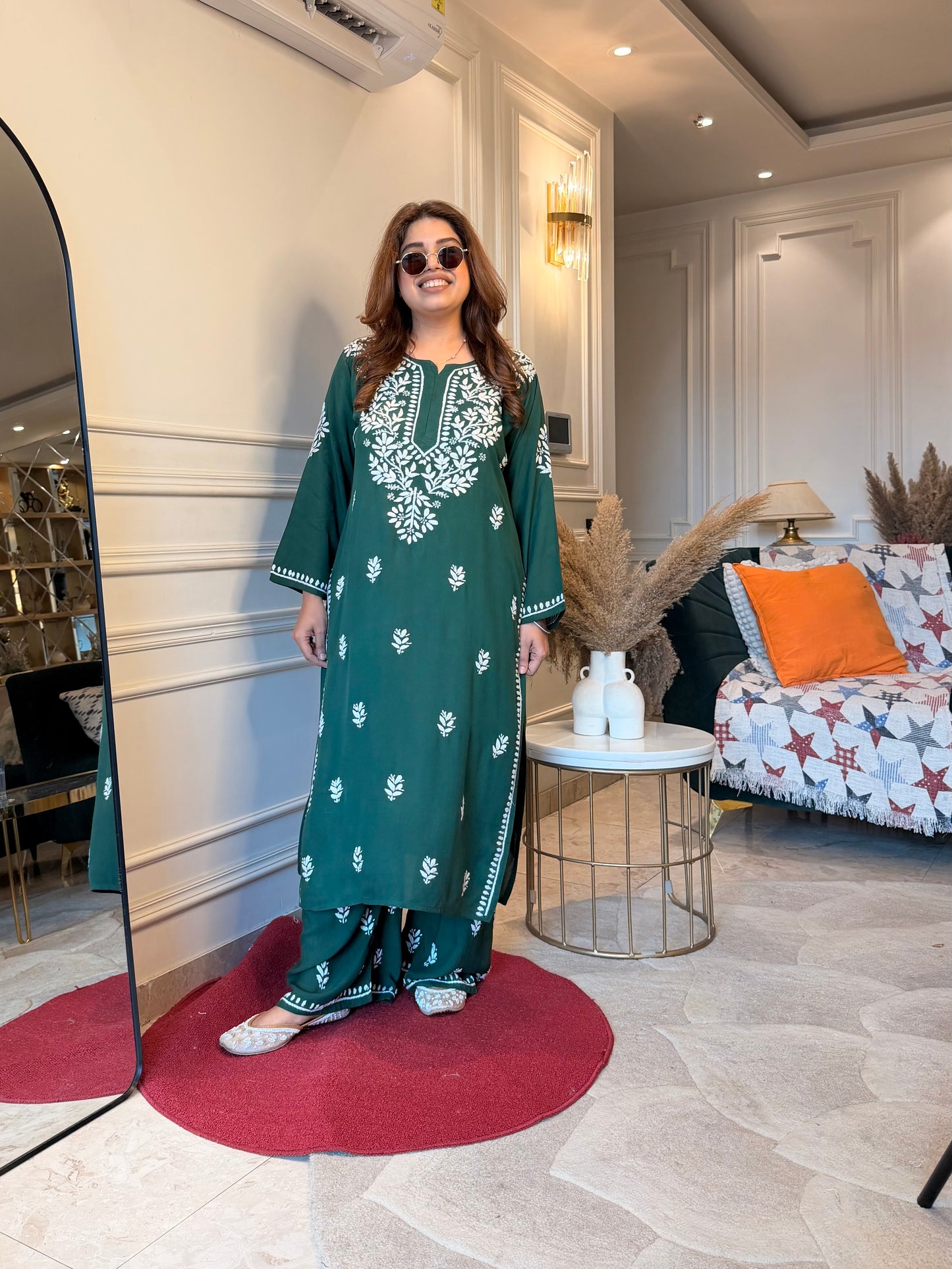 Hand Embroidered Chikankari Kurta set | Modal | Emerald Green