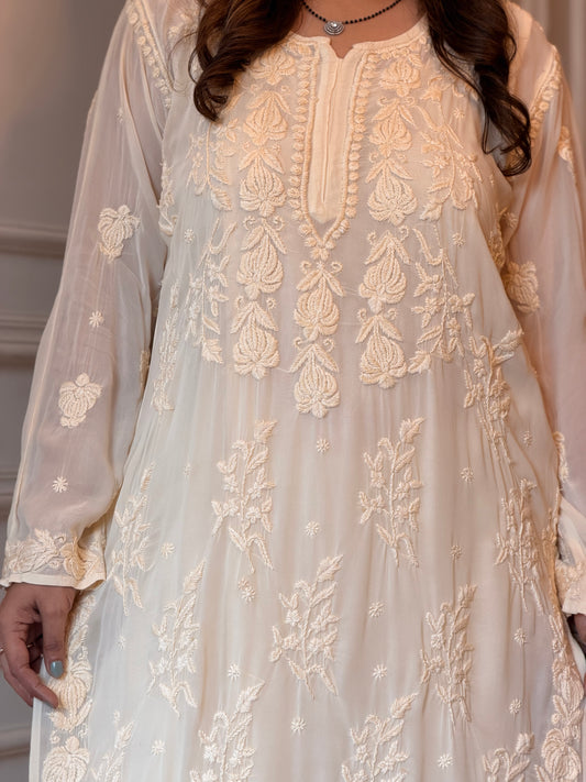 Hand Embroidered 3DChikankari Kurta  | Viscose | Ivory