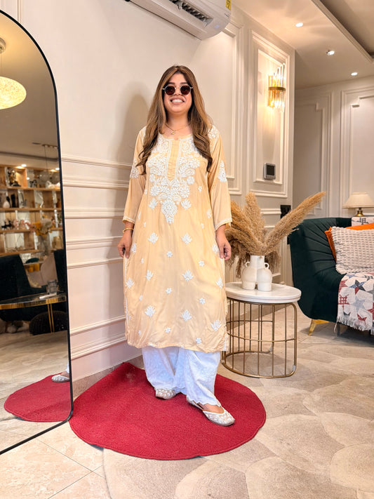 Hand Embroidered 3D Chikankari Kurta | Mul Chanderi | Beige