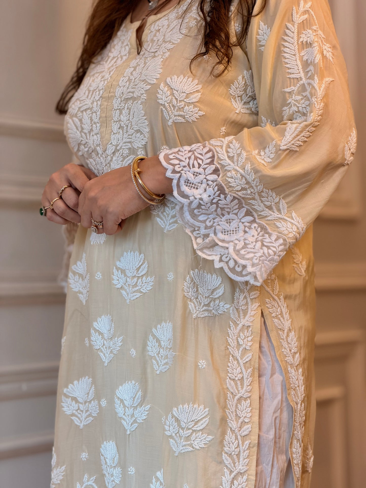 Hand embroidered 6D Chikankari Kurta | Mul Chanderi | Ivory