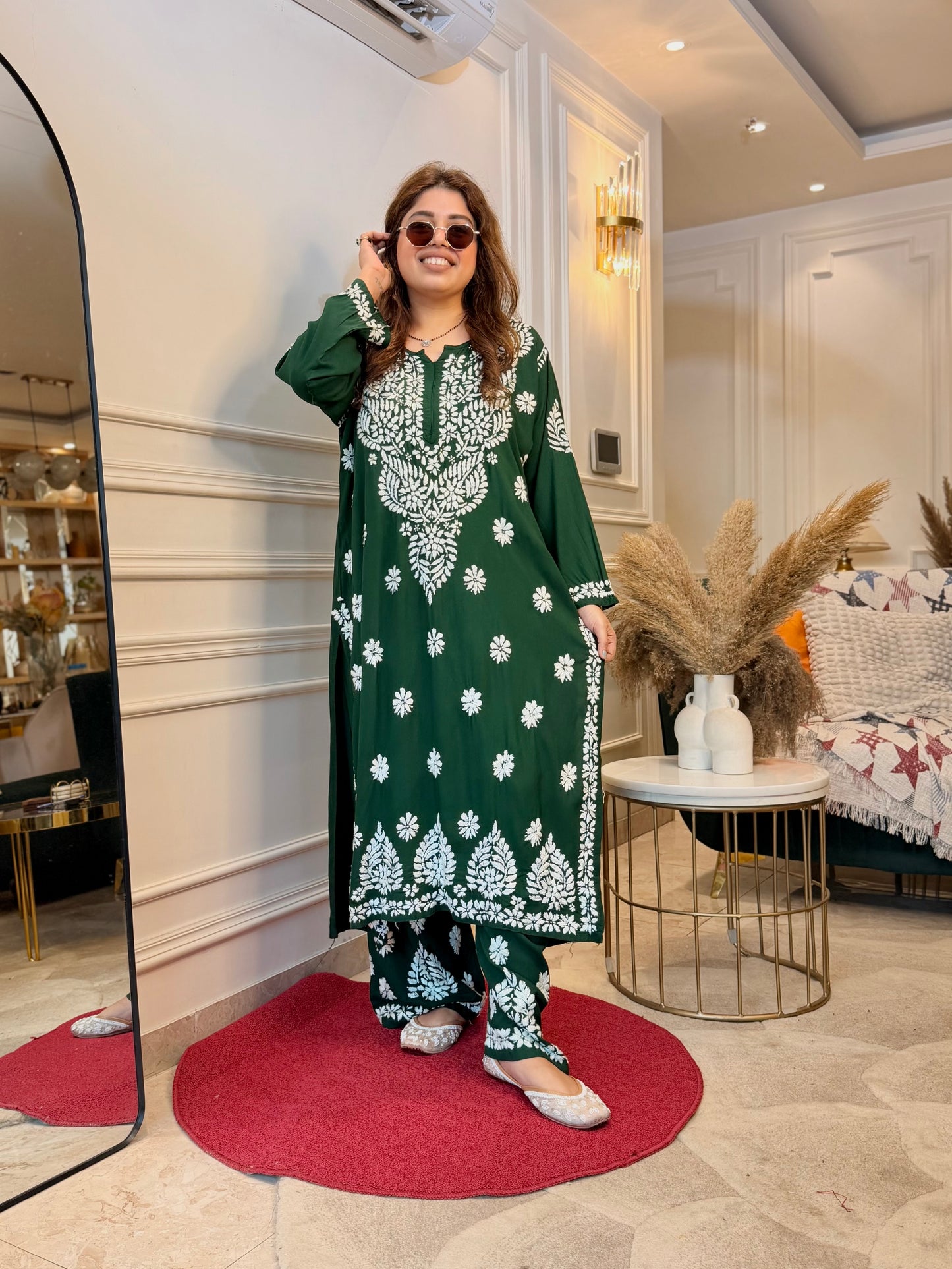 Hand Embroidered Chikankari Kurta set | Modal | Emerald