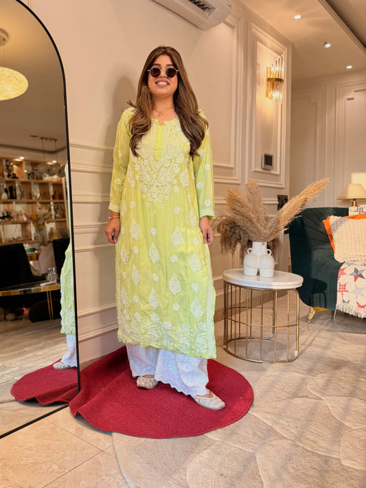 Hand Embroidered 3D Chikankari Kurta | Mul Chanderi | Light Green