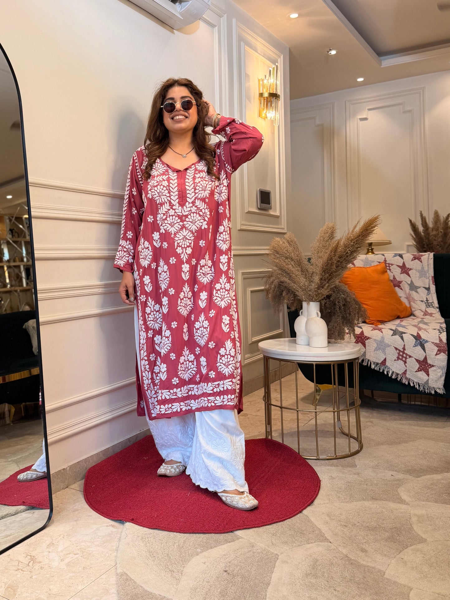 Hand Embroidered 6D Chikankari Kurta | Modal | Sand