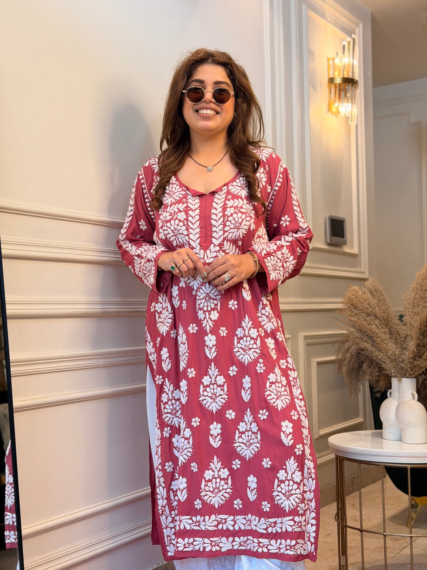 Hand Embroidered 6D Chikankari Kurta | Modal | Sand