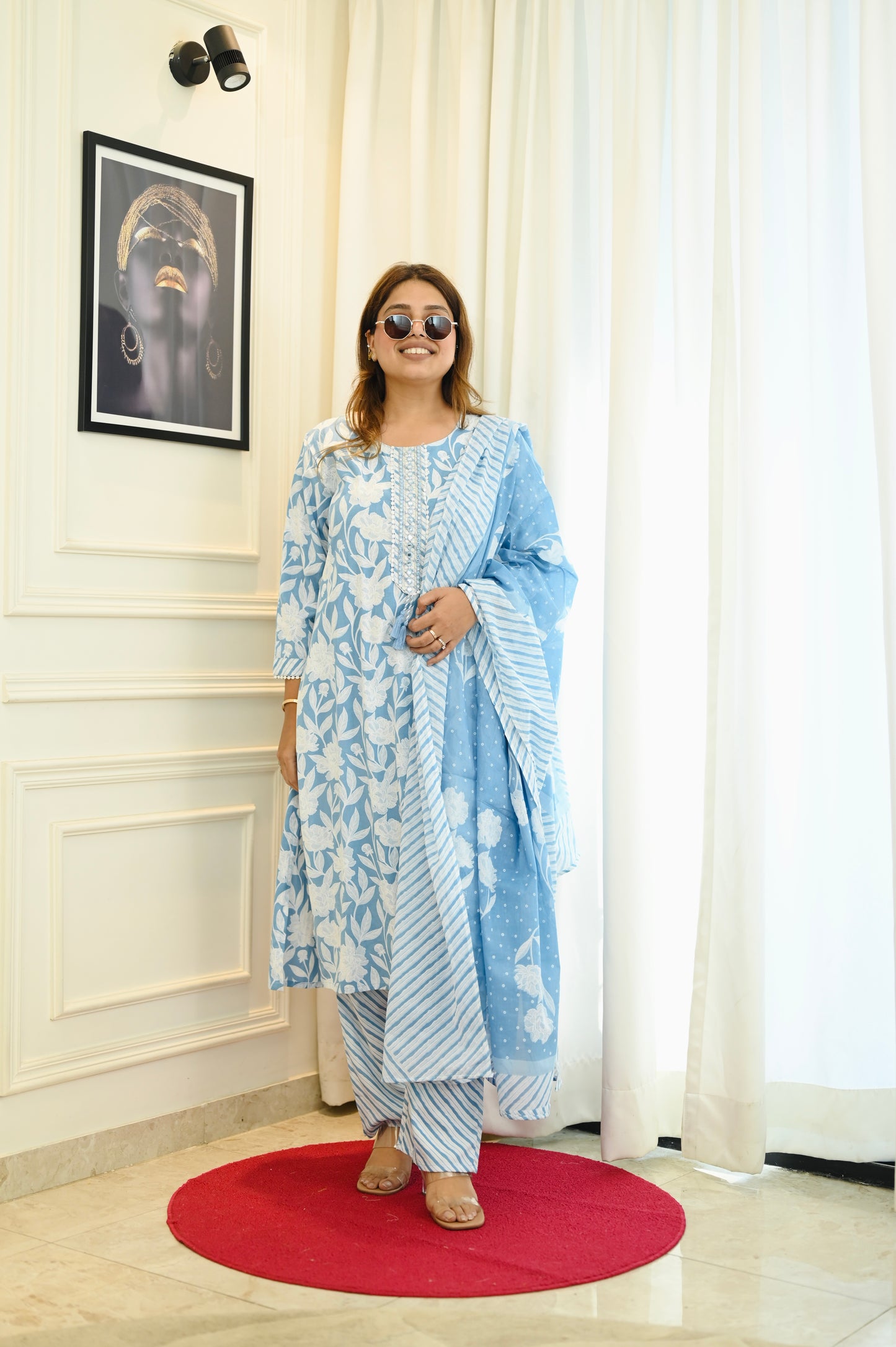 Elegant Frozi Blue Handblock Cotton Suit Set | Plus Size 3XL-6XL