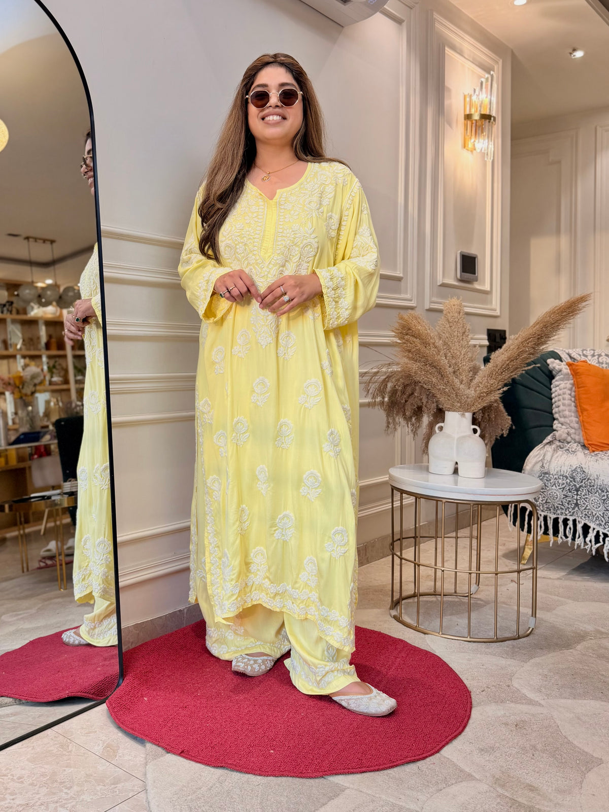3D Hand Embroidered Chikankari Kurta set | Premium Modal Satin | Butter Yellow