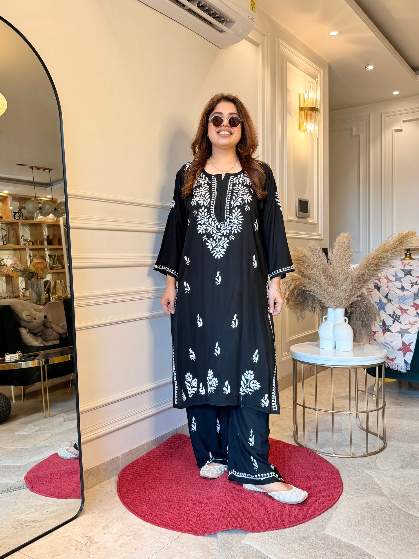 Hand Embroidered Chikankari Kurta set | Modal | Black