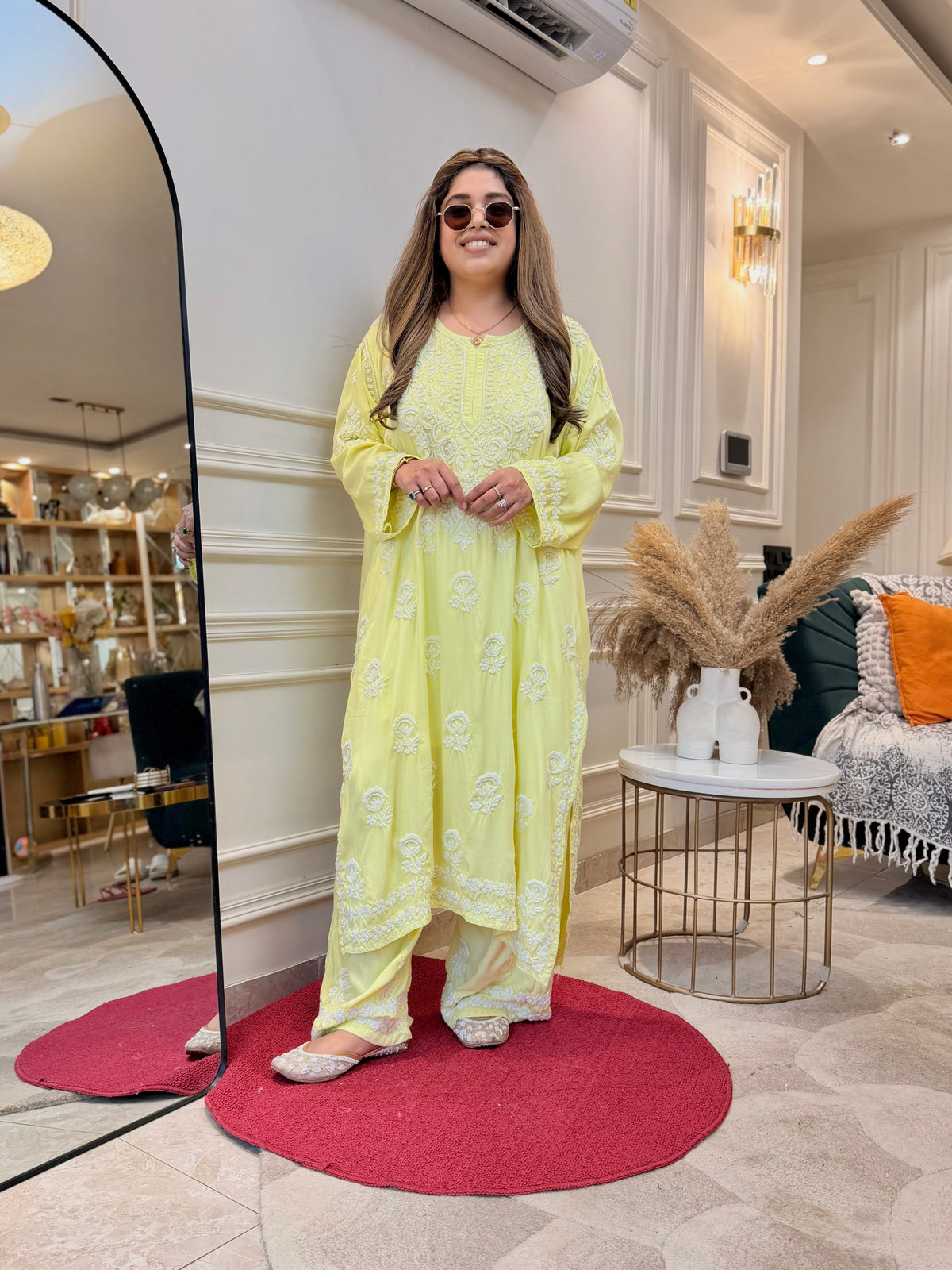 3D Hand Embroidered Chikankari Kurta set | Premium Modal Satin | Neon Green