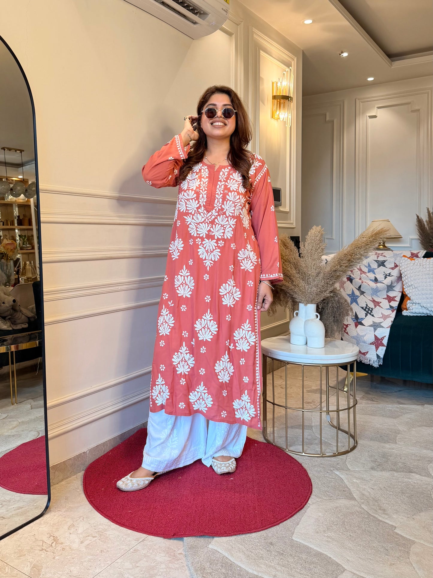 Hand Embroidered Chikankari Kurta | Modal | Coral Peach