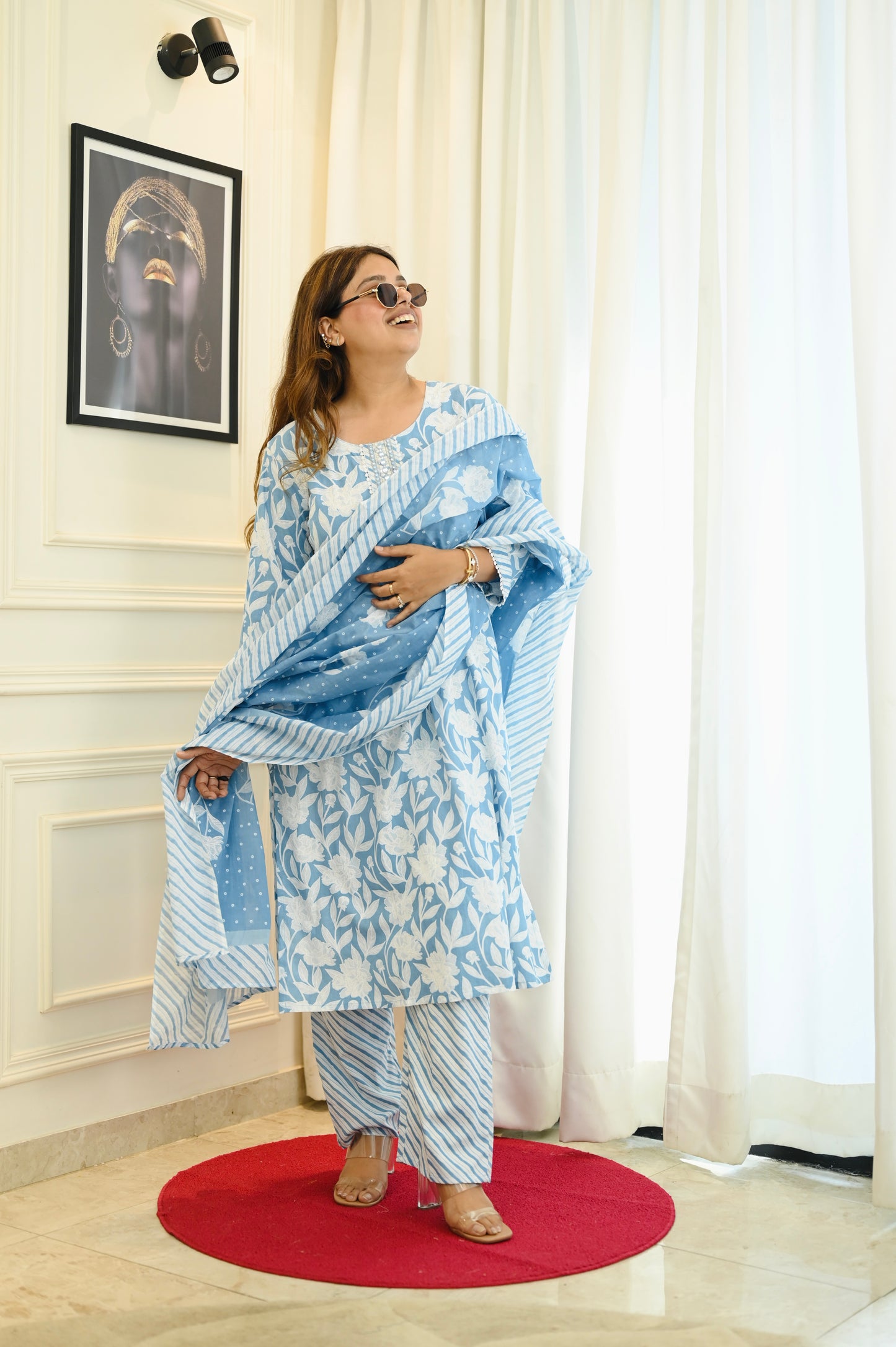 Elegant Frozi Blue Handblock Cotton Suit Set | Plus Size 3XL-6XL