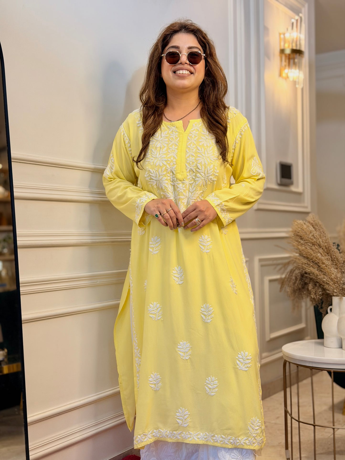 Hand Embroidered Chikankari Kurta | Modal | Yellow