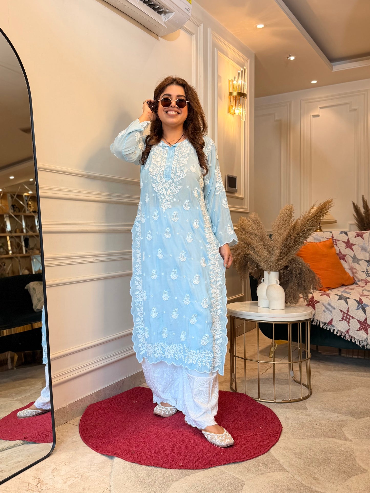 Hand embroidered 6D Chikankari Kurta | Mul Chanderi | Powder Blue