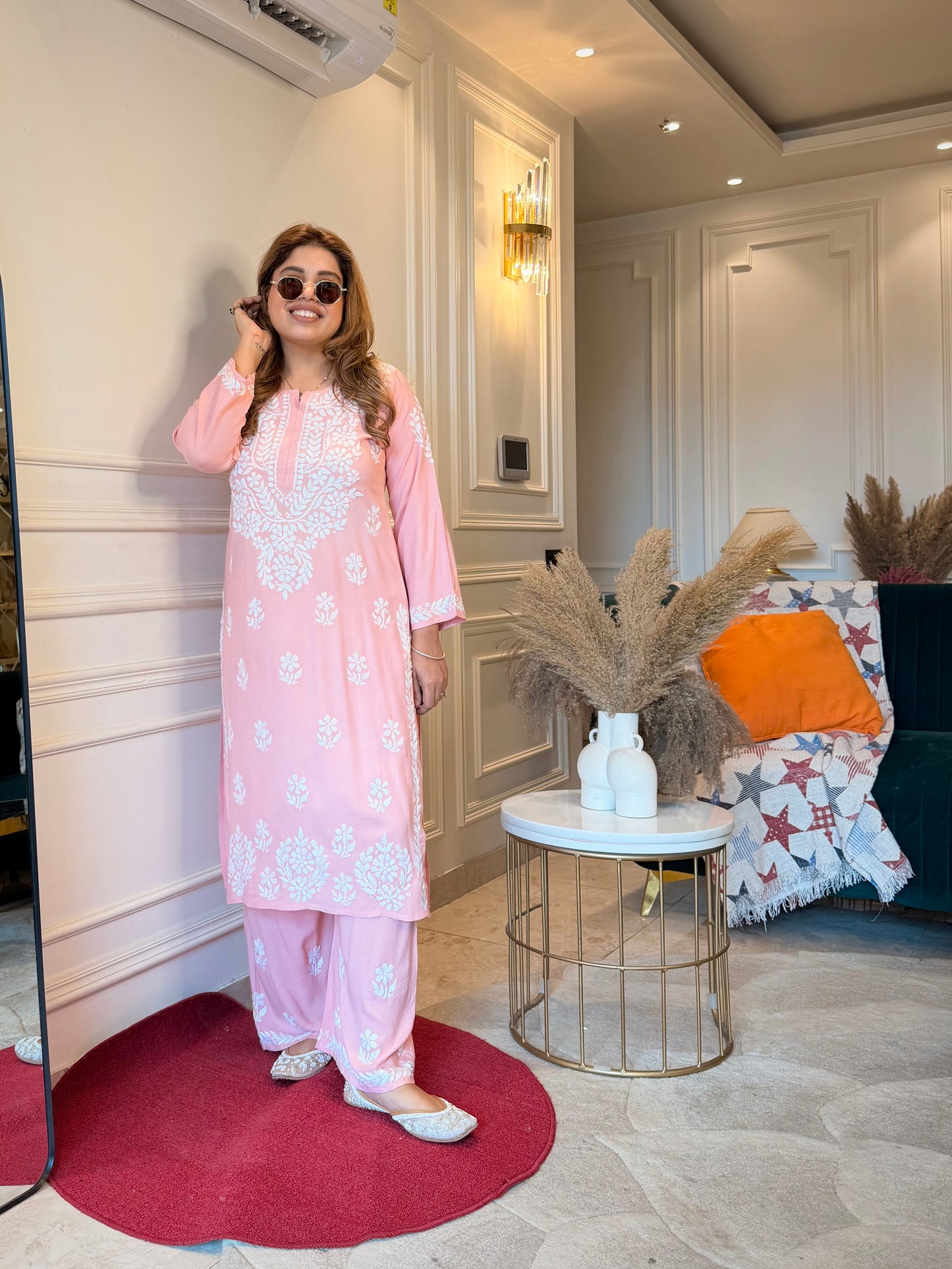 Hand Embroidered Chikankari Kurta set | Modal cotton | Light Peach