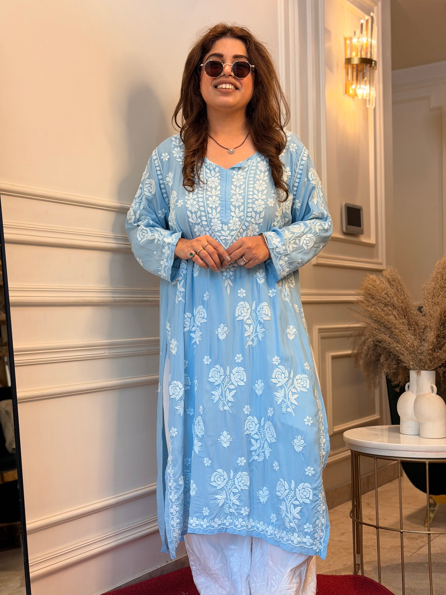 Hand Embroidered 6D Chikankari Kurta | Modal | Powder Blue
