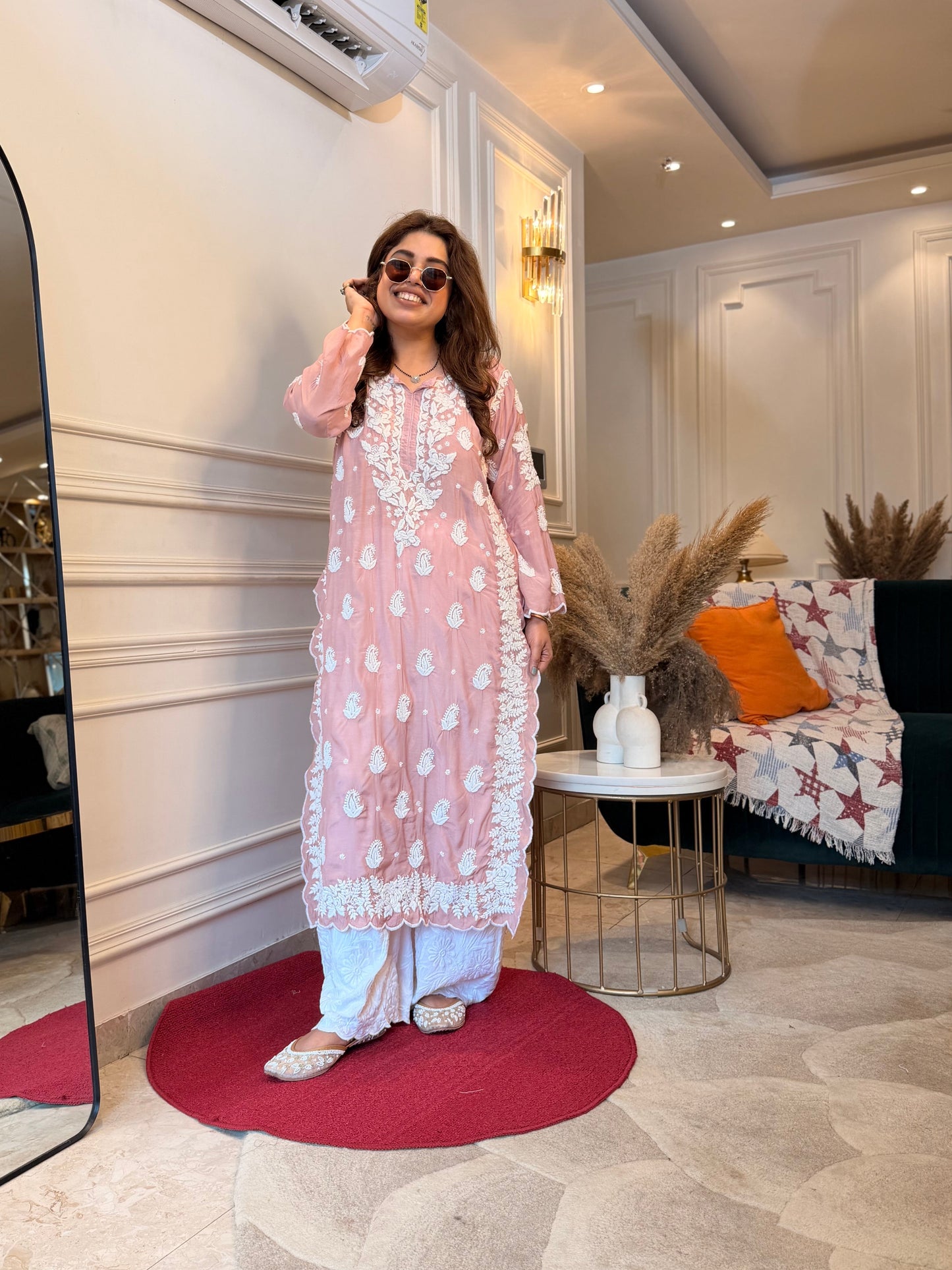 Hand embroidered 6D Chikankari Kurta | Mul Chanderi | Nude