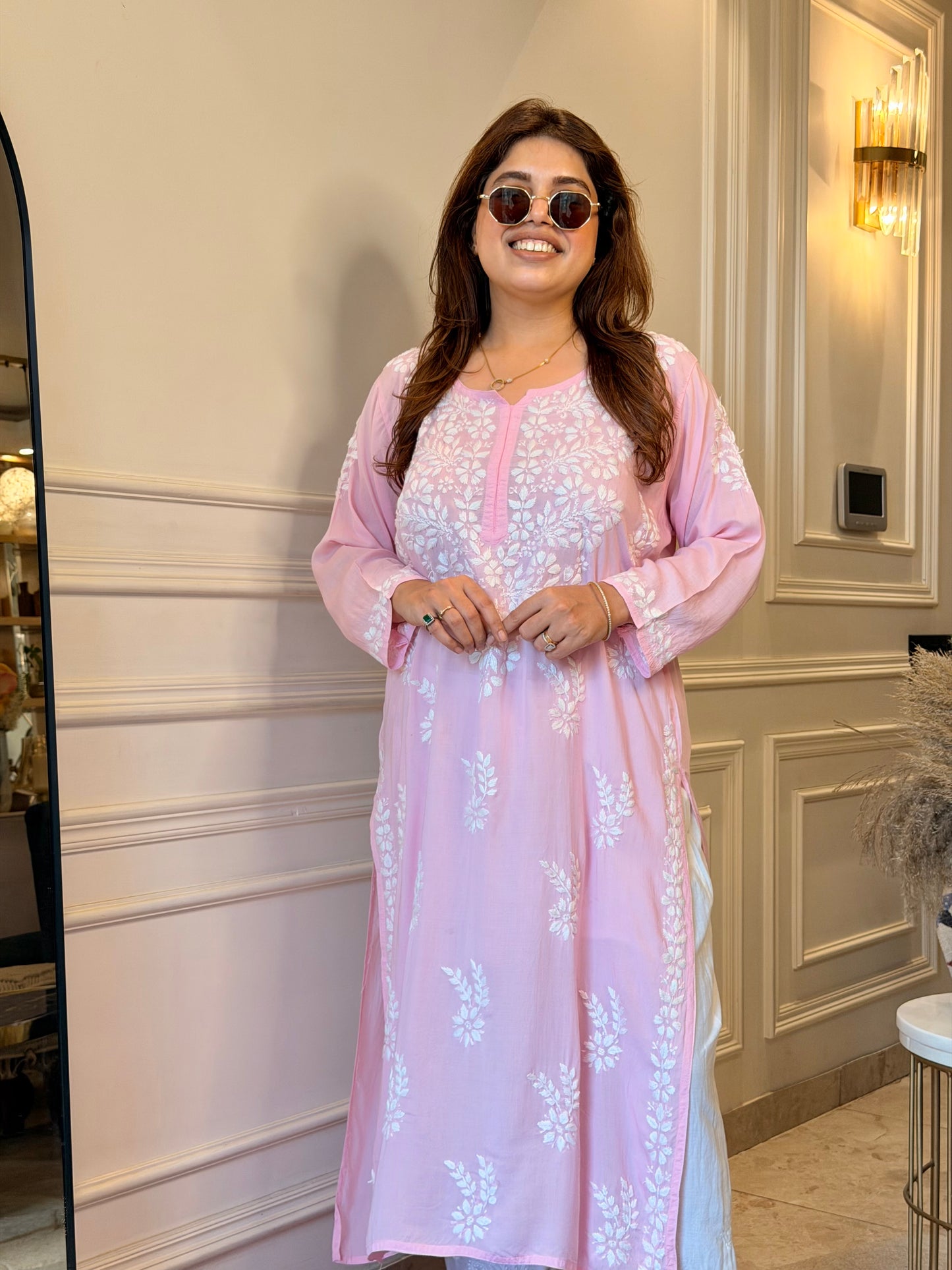 Hand Embroidered Chikankari Kurta | Modal | Pink