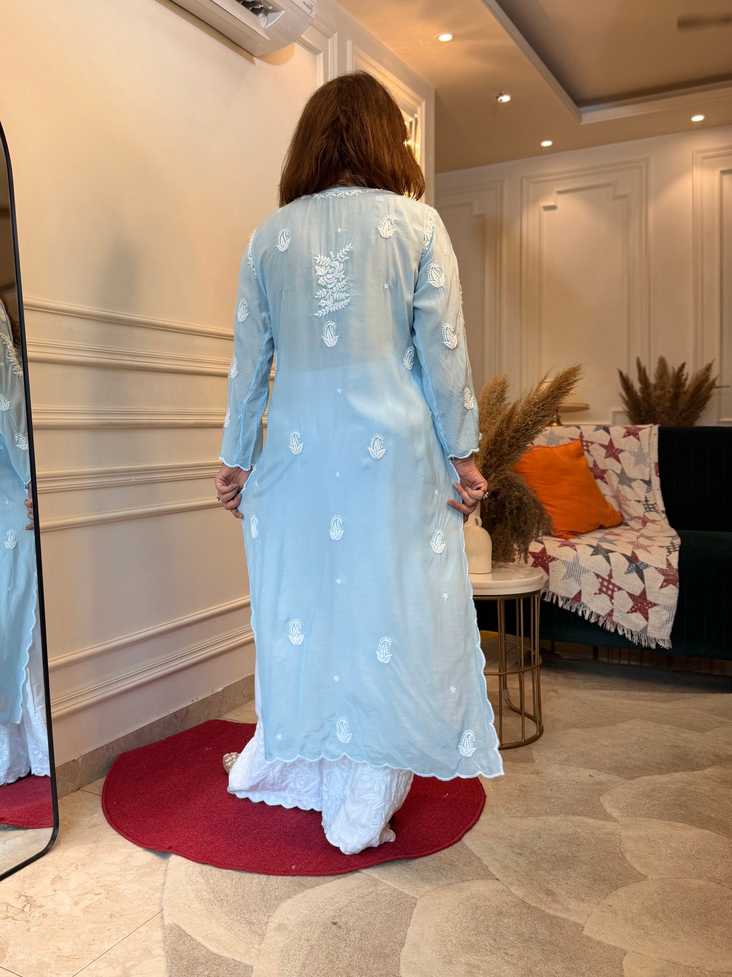 Hand embroidered 6D Chikankari Kurta | Mul Chanderi | Powder Blue