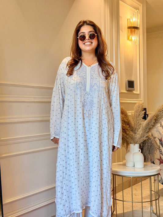 Hand Embroidered Chikankari Kurta  | Mul Chanderi | white with Purple | Plus Size