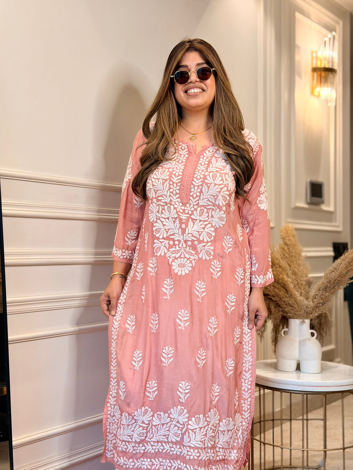 Hand Embroidered 3D Chikankari Kurta | Mul Chanderi | Dusty Pink