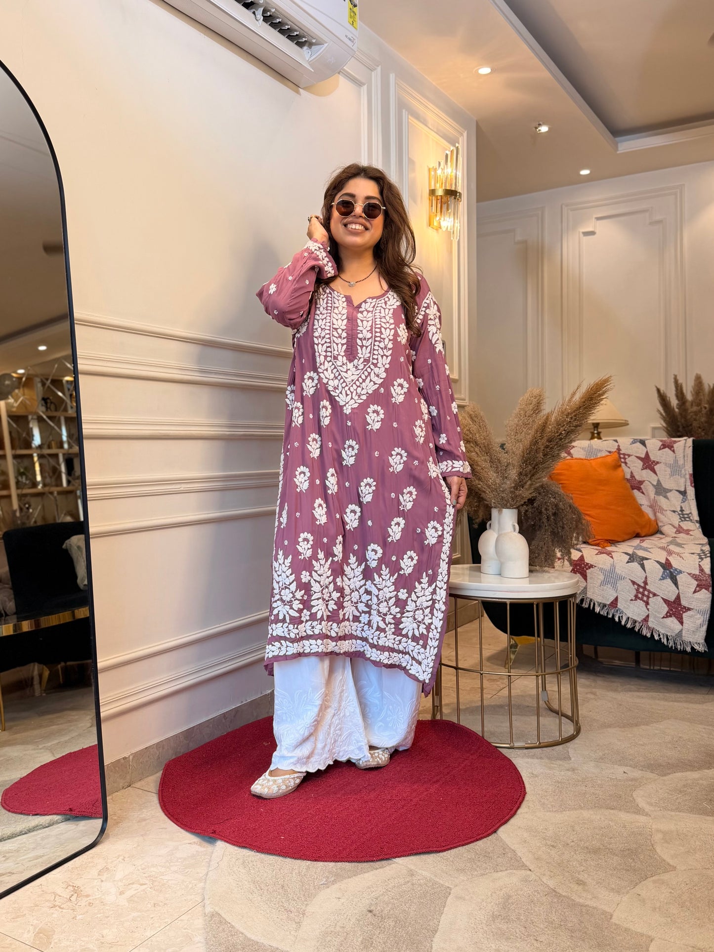 Hand Embroidered 6D Chikankari Kurta | Modal | Mauve