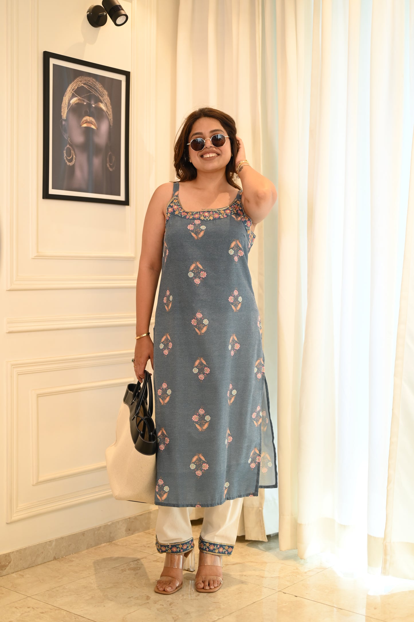 Denim Cotton Blue Floral Strap Kurta Set