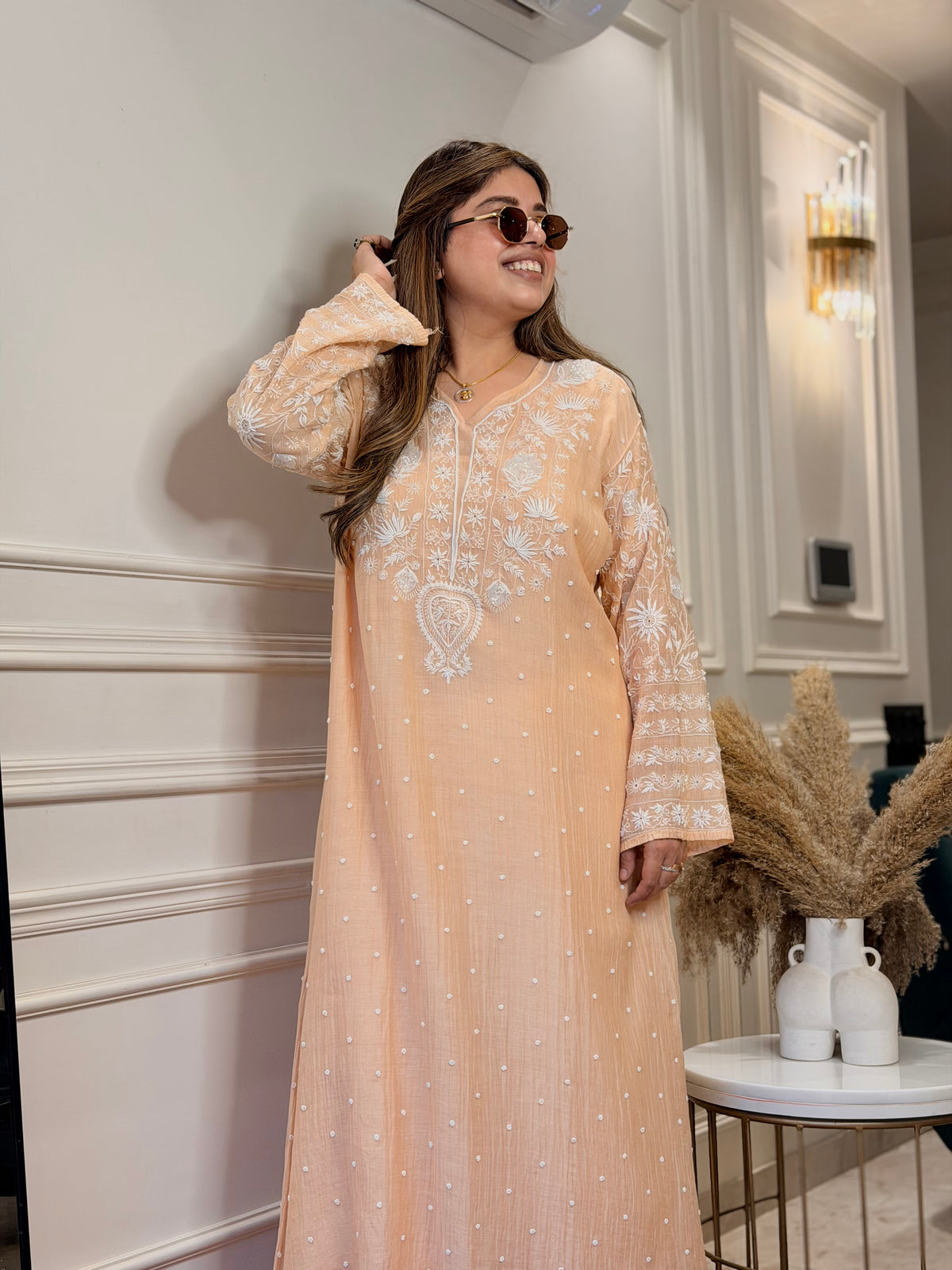 Premium Hand Embroidered Chikankari Kurta & Duppta | Mul Chanderi | Peach