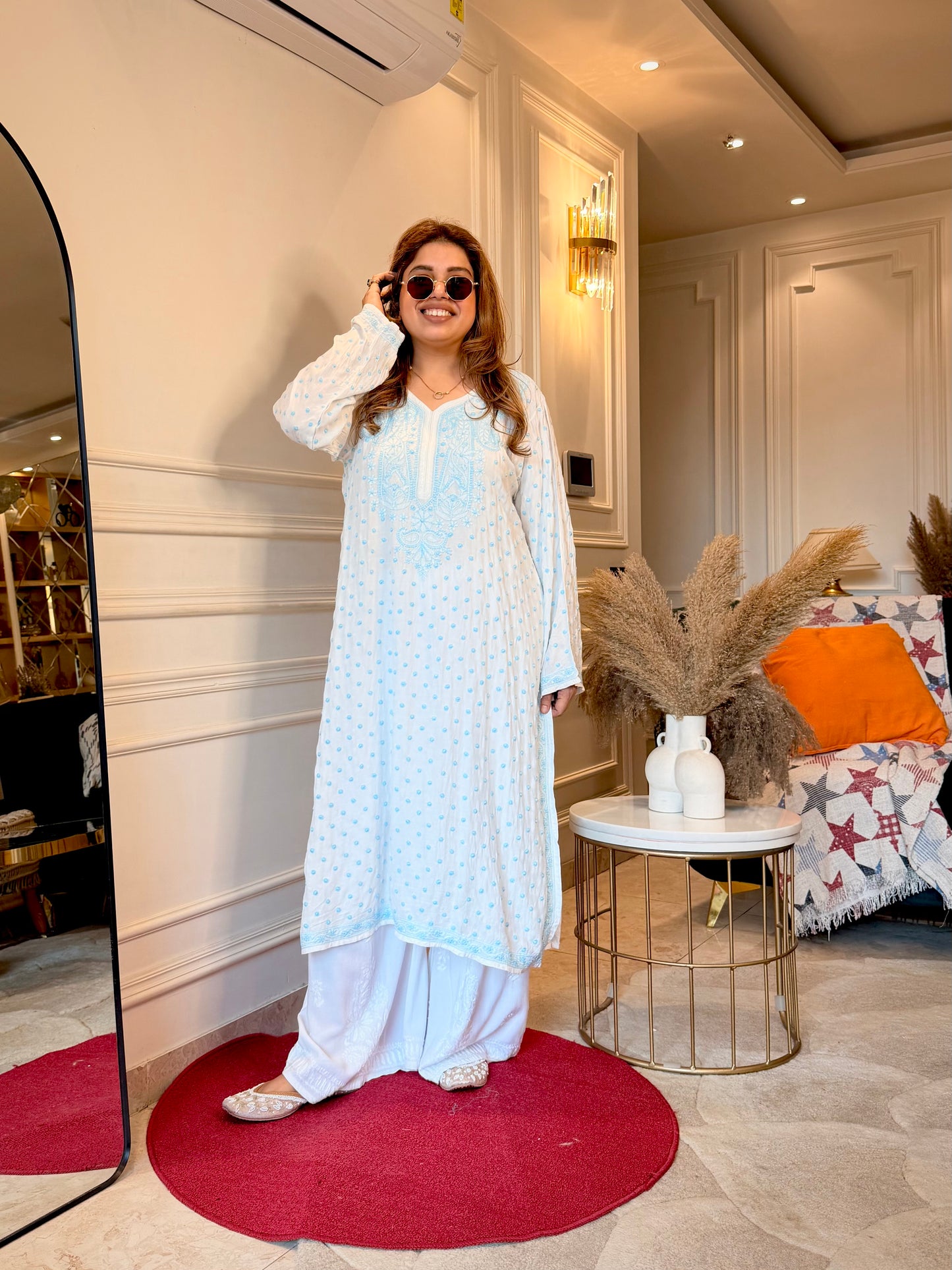 Hand Embroidered Chikankari Kurta  | Mul Chanderi | white with Blue| Plus Size