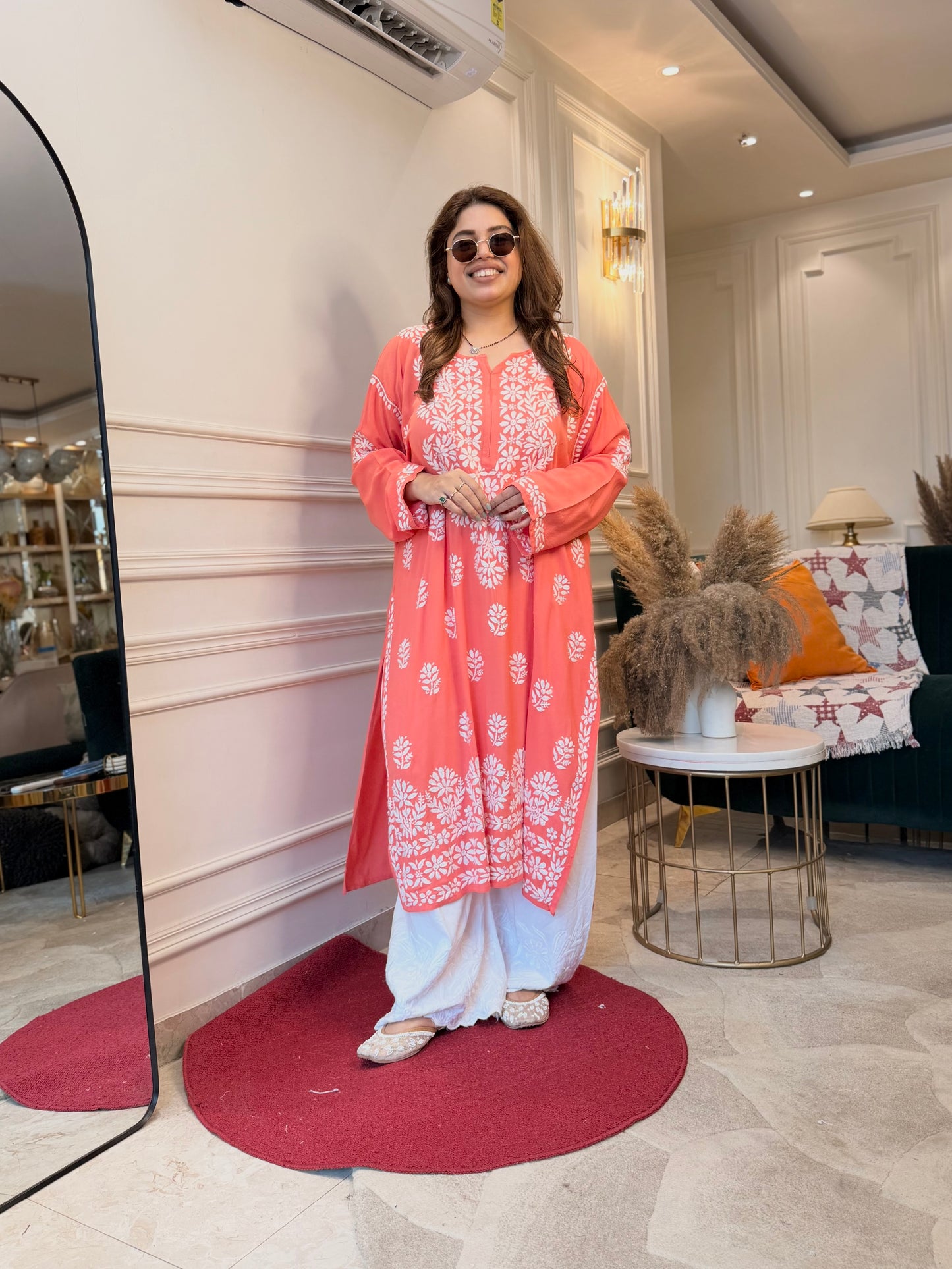 Hand Embroidered 3DChikankari Kurta with Plazo | Premium Soft Cotton | Peach
