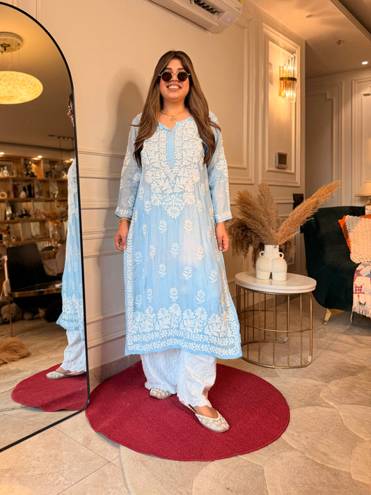 Hand Embroidered 3D Chikankari Kurta | Mul Chanderi | Sky Blue