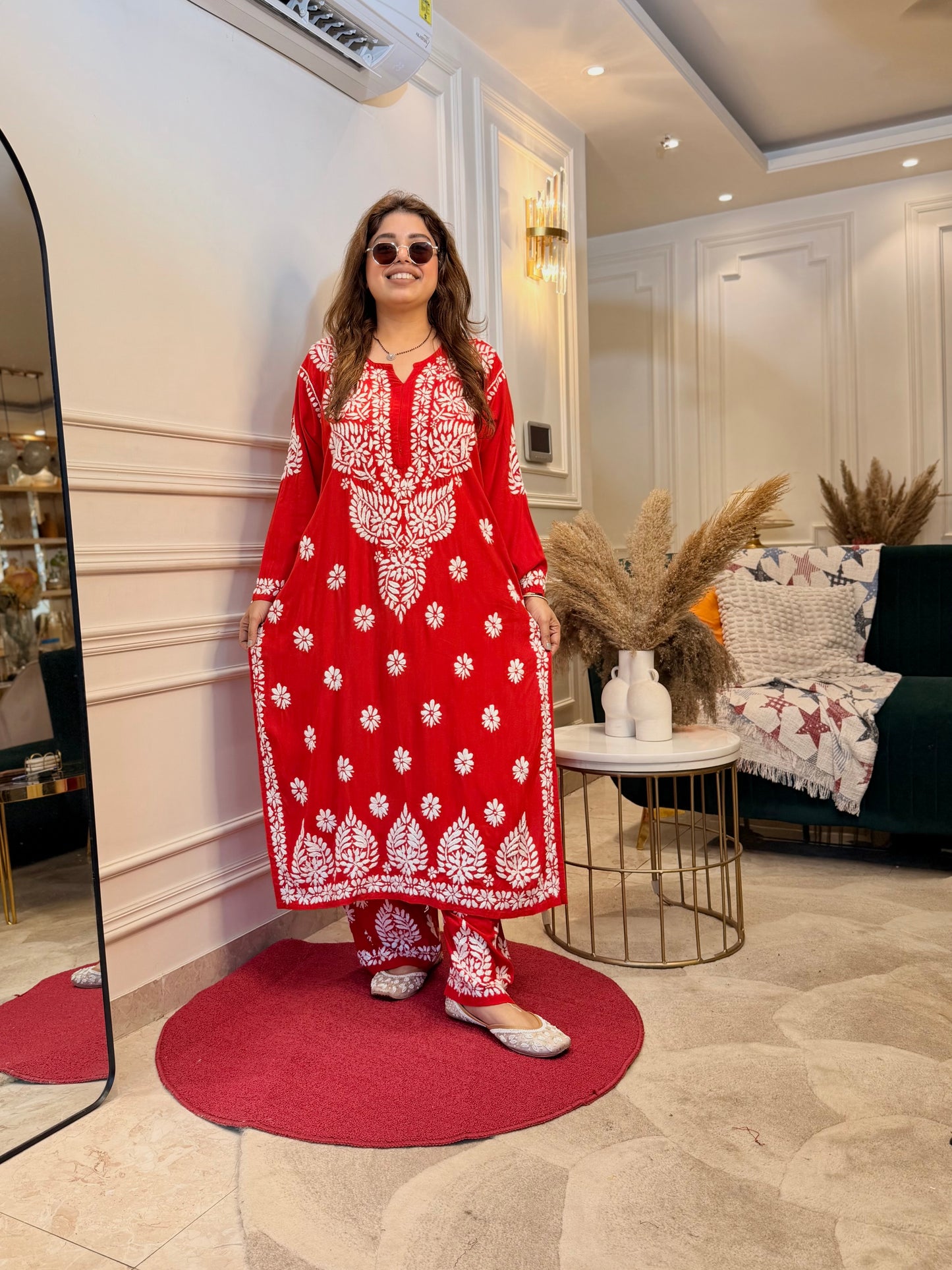 Hand Embroidered Chikankari Kurta set | Modal  | Hot Red