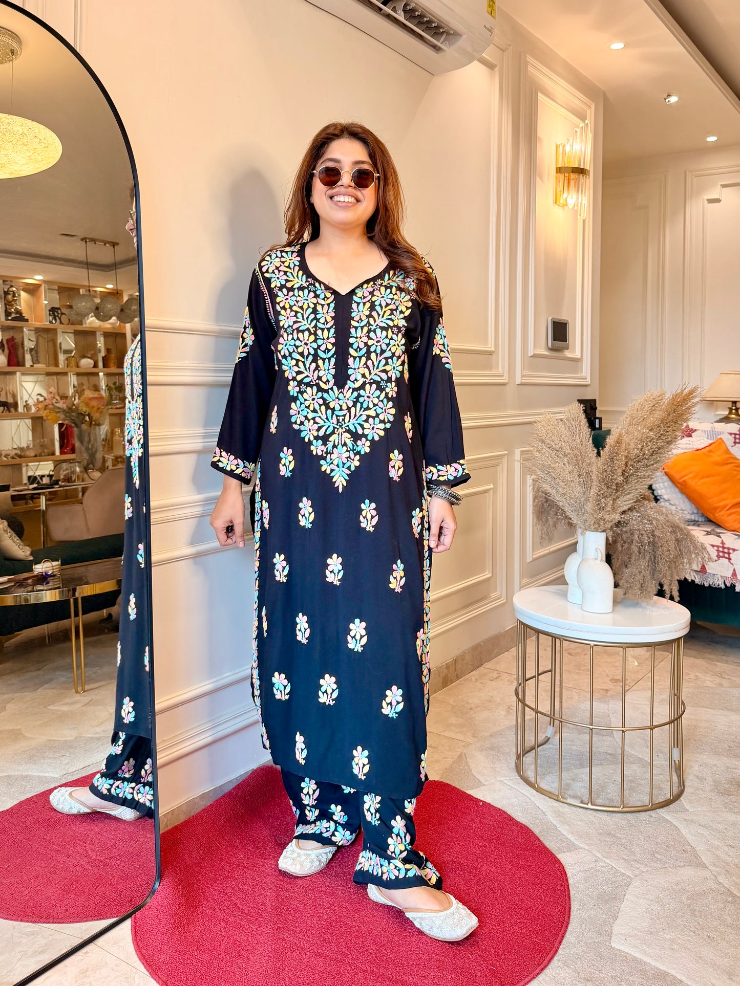 Hand Embroidered Chikankari Kurta Set - Black with Multi colour