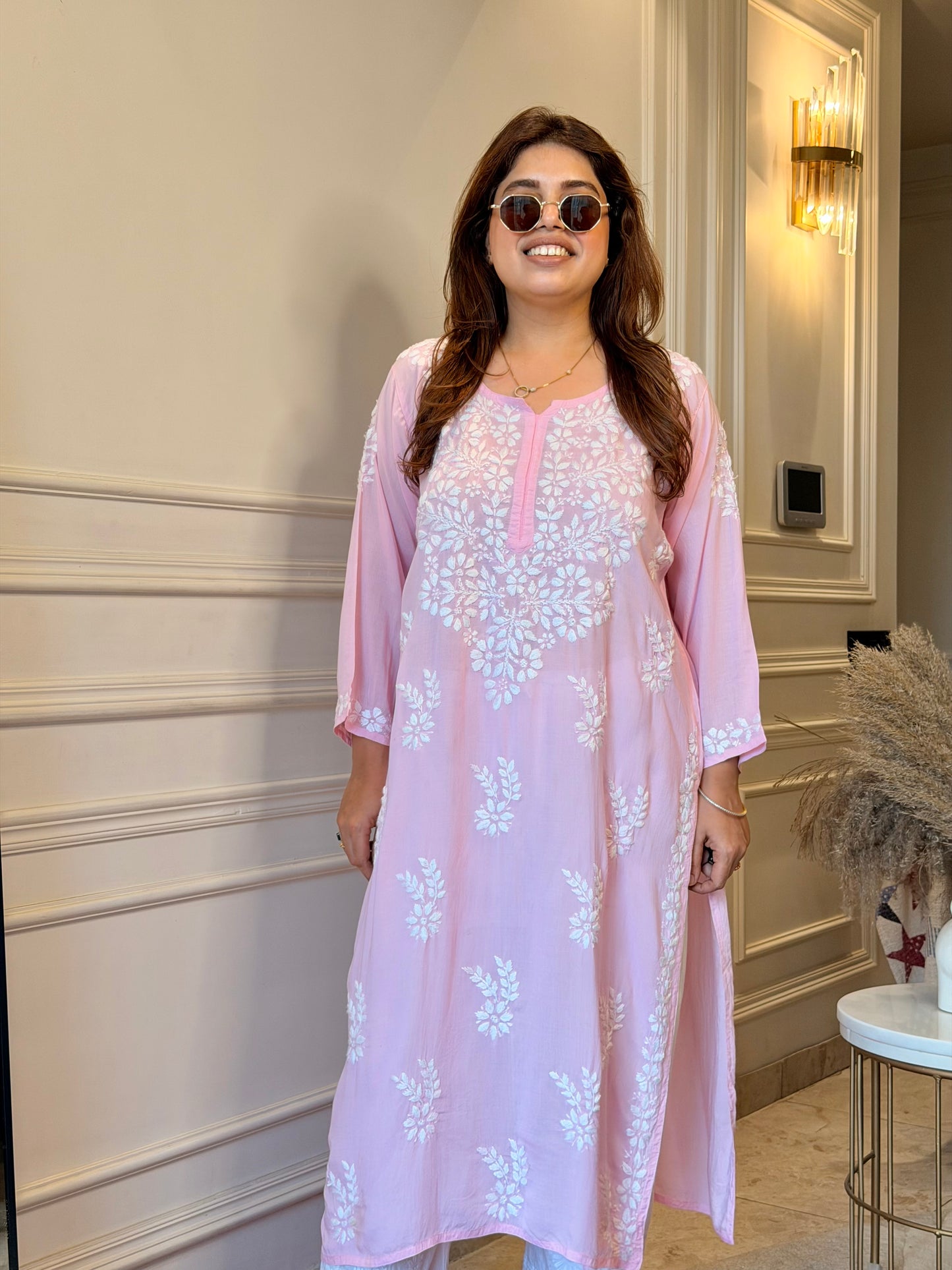 Hand Embroidered Chikankari Kurta | Modal | Pink