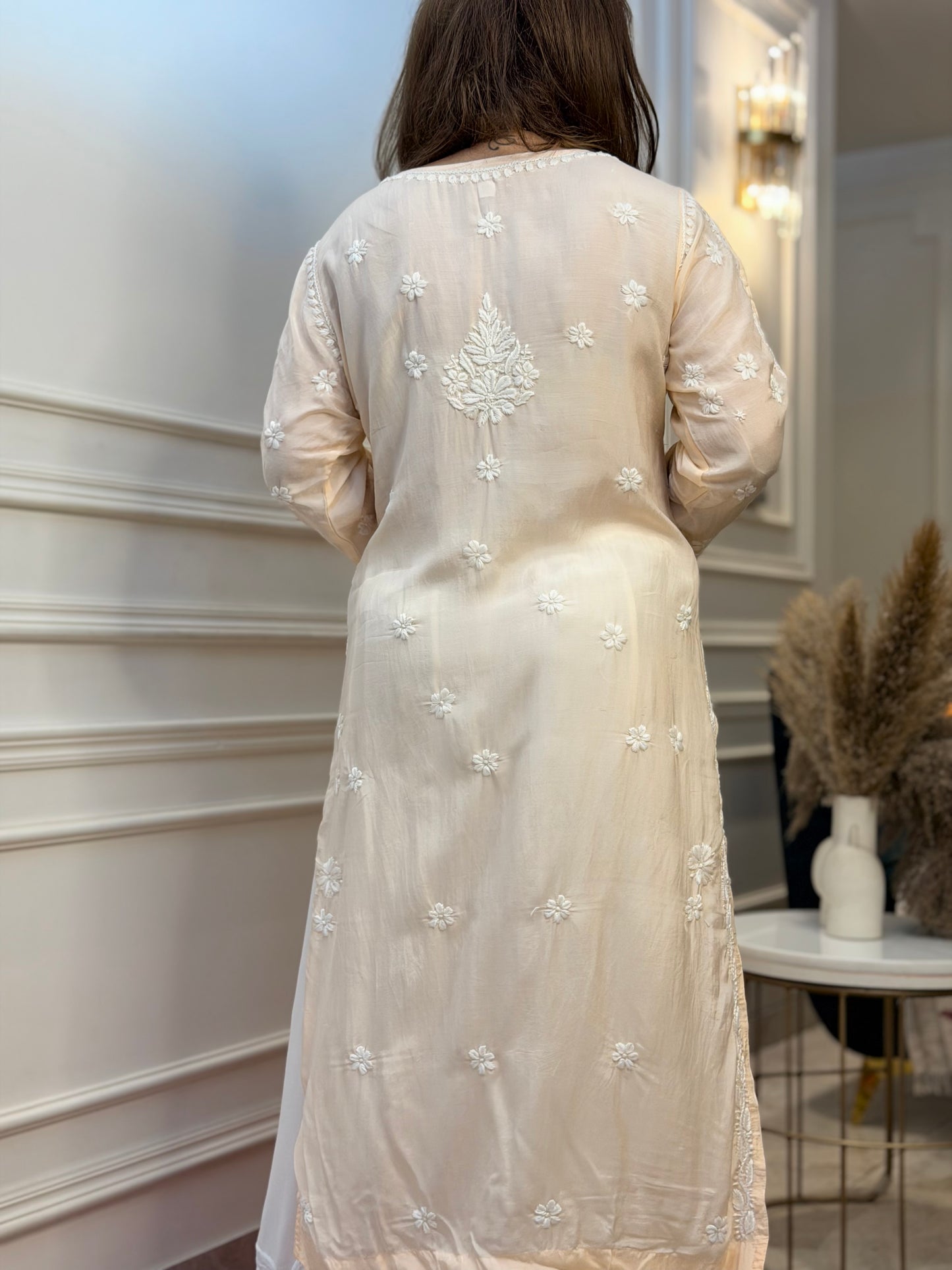Hand Embroidered Chikankari Kurta Set | Premium Mul Chanderi | Light Peach