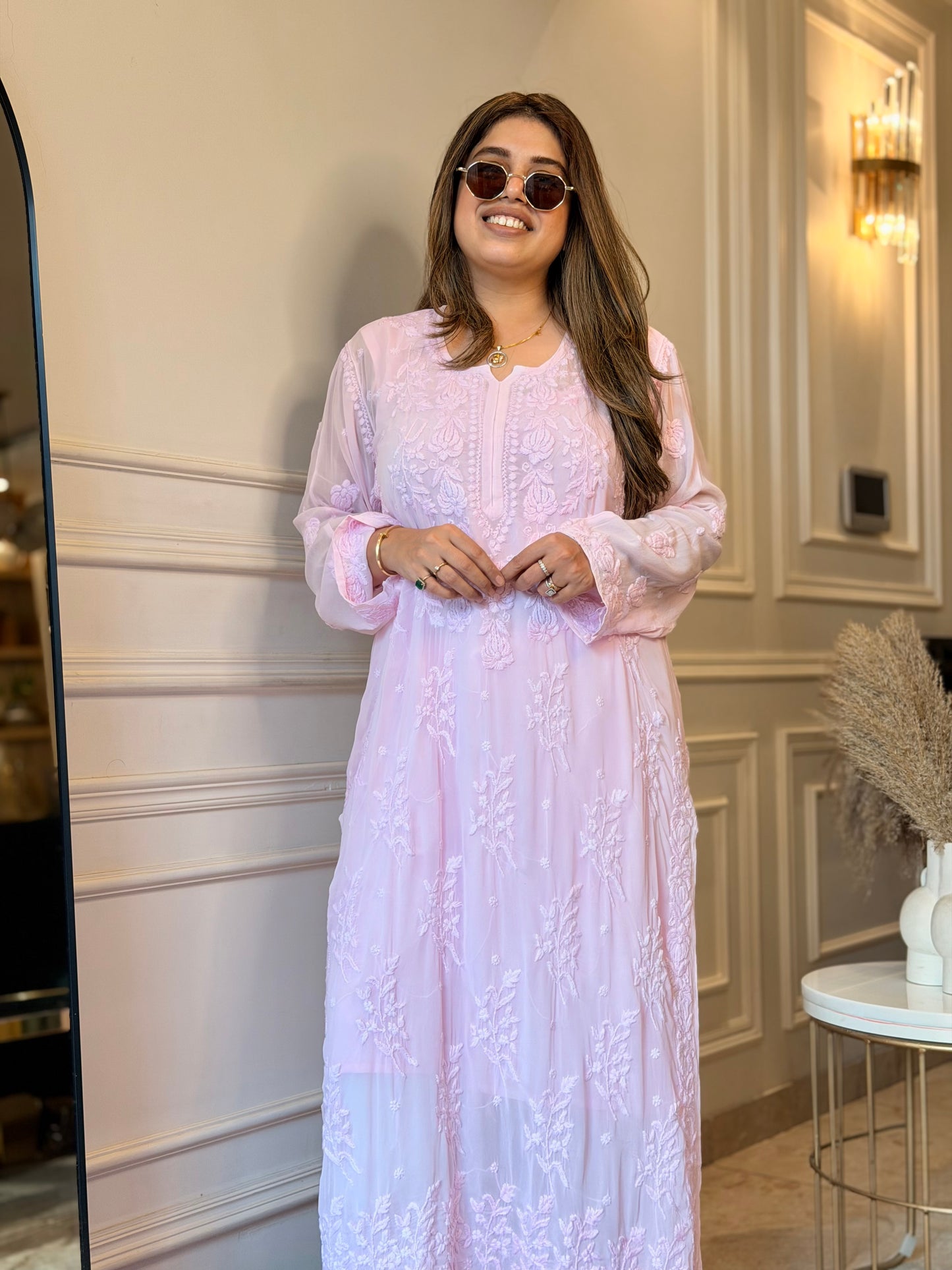 Hand Embroidered 3DChikankari Kurta  | Viscose | Pink