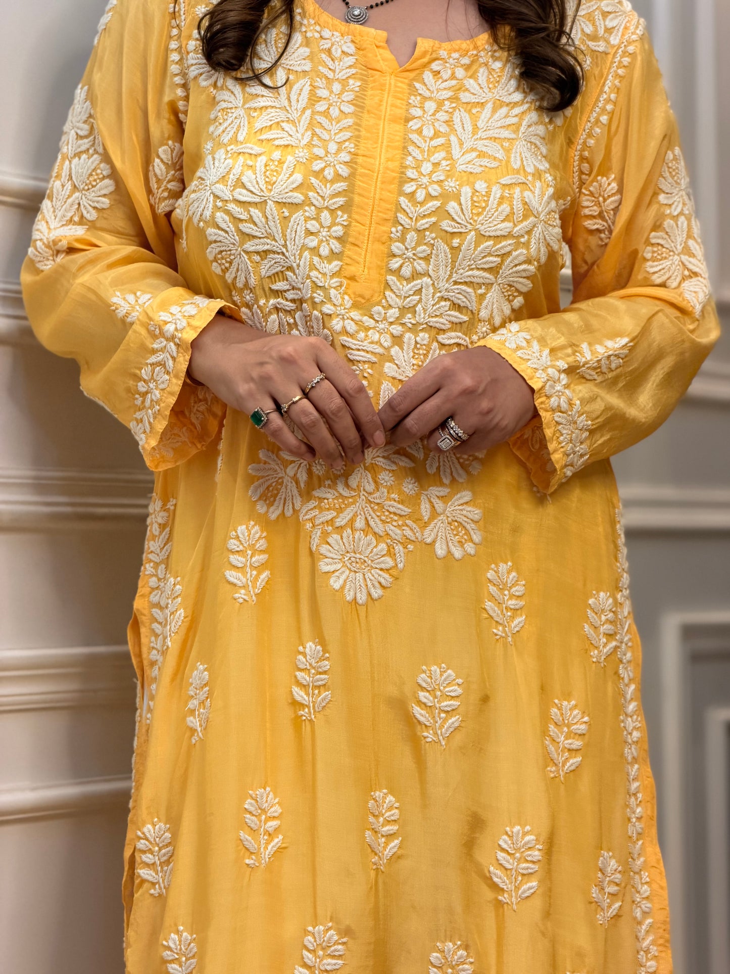 Hand Embroidered Chikankari Kurta  | Premium Mul Chanderi | Mustard Yellow