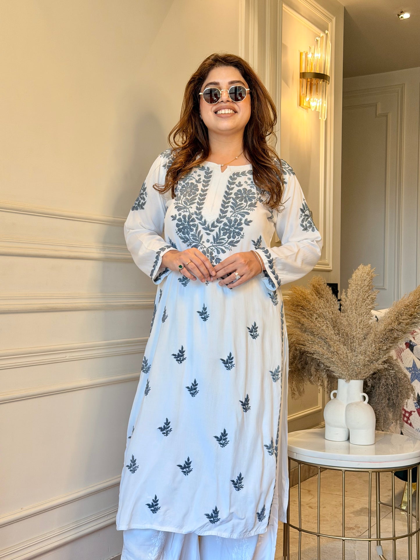 Chikankari Kurta Set | Mul Cotton | white with Grey Thread Embroidery