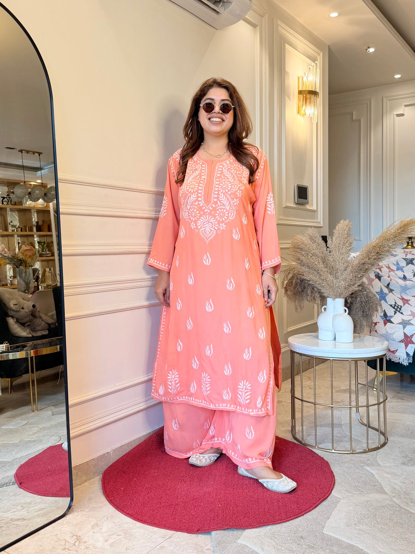 Hand Embroidered Chikankari Kurta set | Modal | Peach