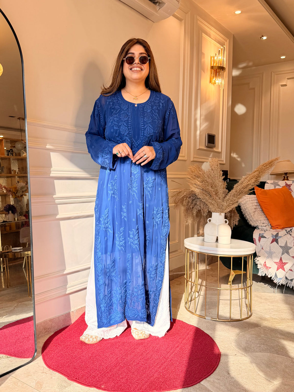 Hand Embroidered 3DChikankari Kurta  | Viscose | Royal Blue