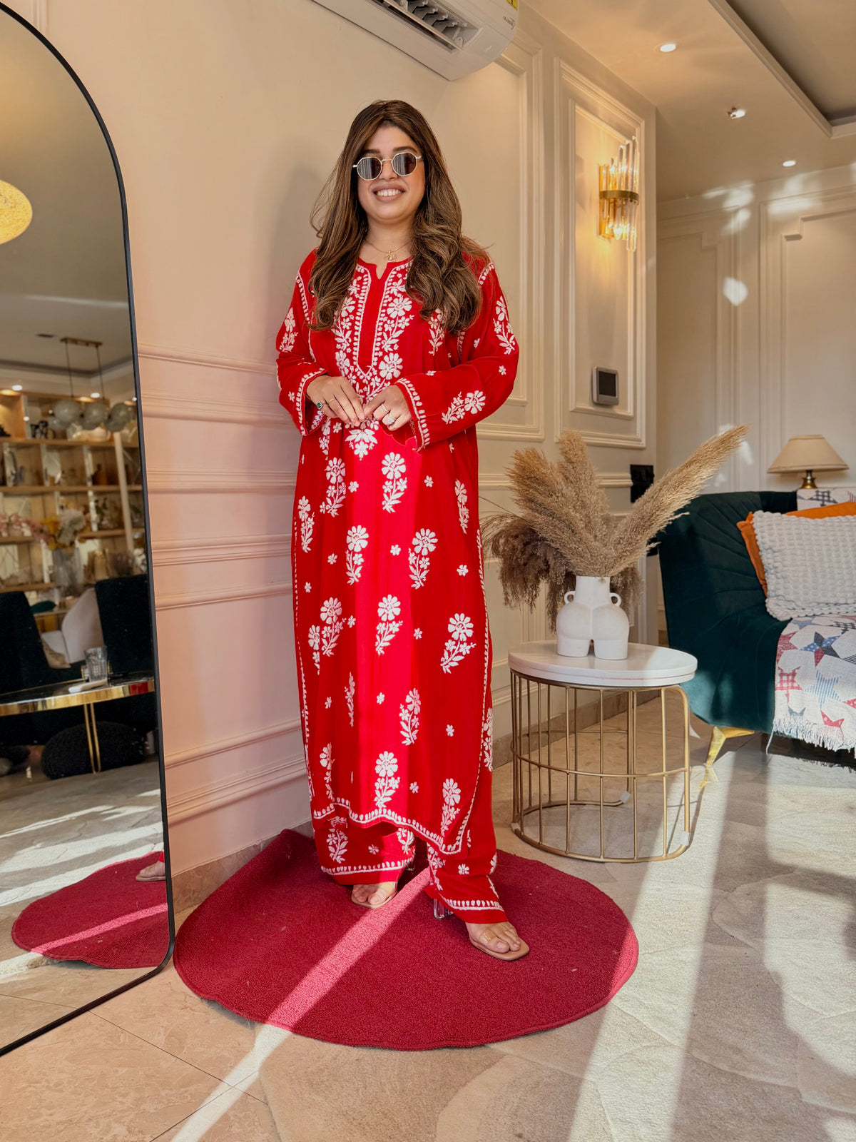 Hand Embroidered 3D Chikankari Kurta set | Premium Modal | Red
