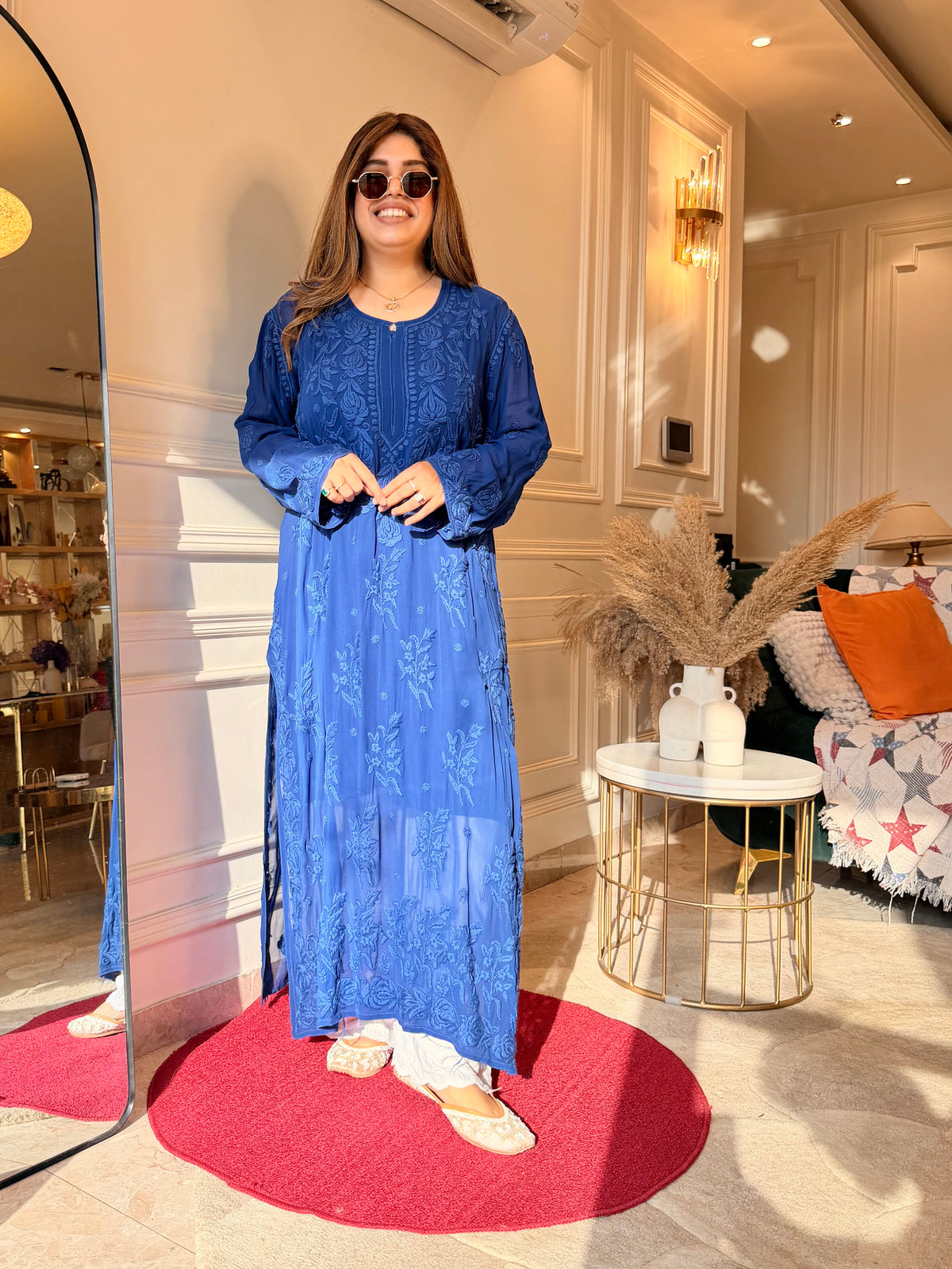 Hand Embroidered 3DChikankari Kurta  | Viscose | Royal Blue